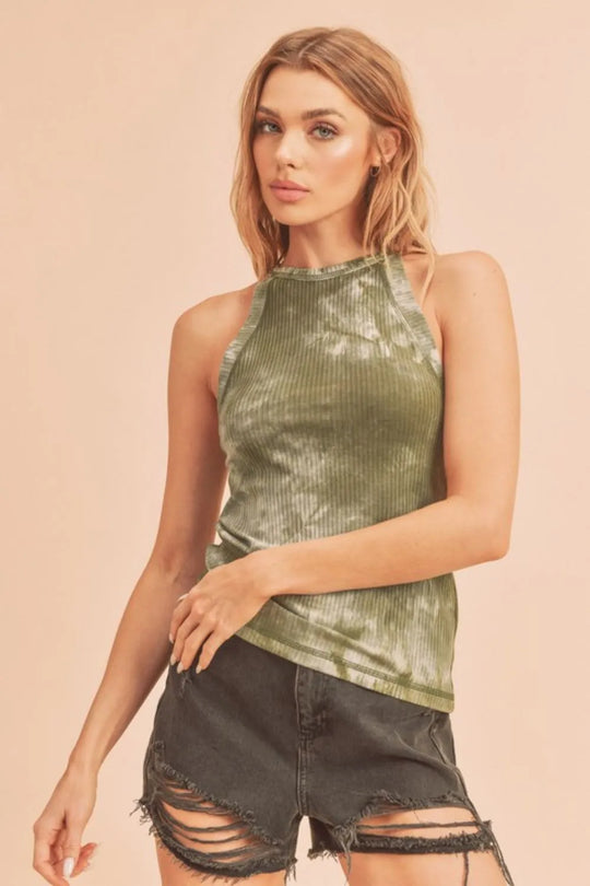 Trendsi Matcha Green / S Aemi + Co Ribbed Tie-Dye Round Neck Tank