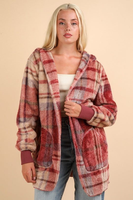 Trendsi Mauve Mix / S VERY J Fuzzy Plaid Long Sleeve Hooded Jacket