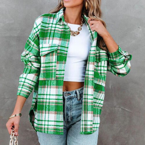Pre-Order Plaid High-Low Collared Neck Jacket with Pockets