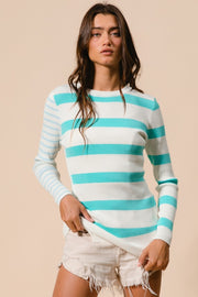 Trendsi Mint/Ivory / S BiBi Contrast Striped Asymmetrical Hem Knit Top