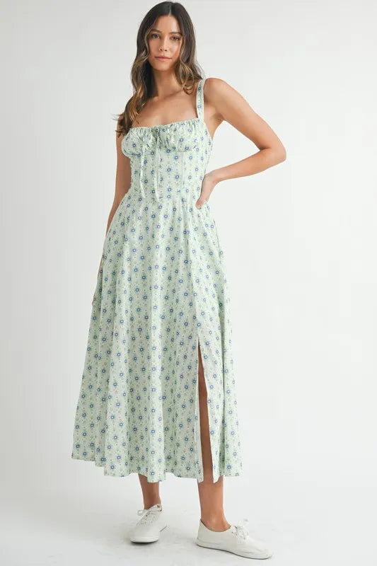Trendsi MINT / S MABLE Floral Print Bustier Back Lace Up Midi Dress