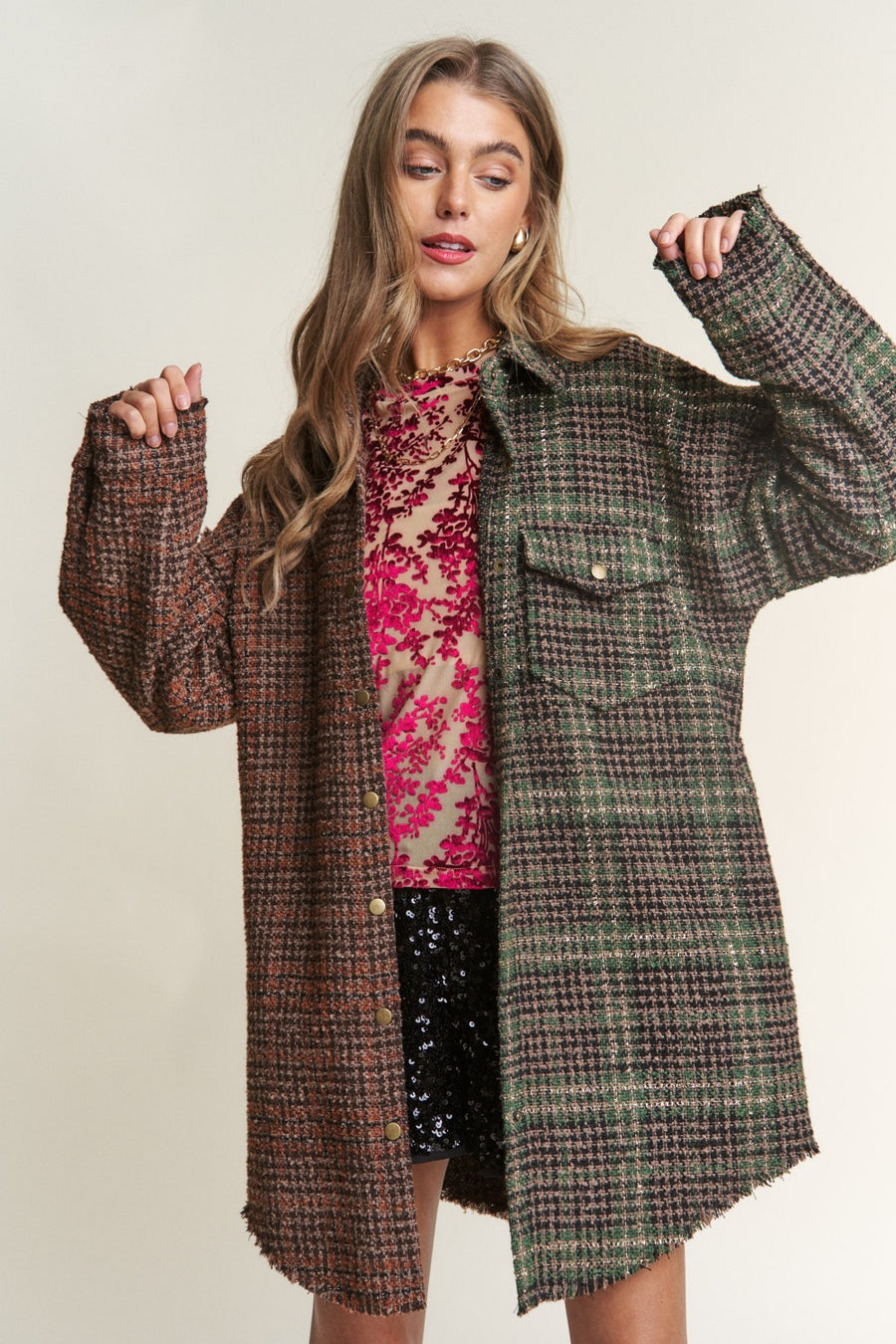 Trendsi Misty Forest / S J.NNA Snap Down Tweed Plaid Contrast  Longline Shacket