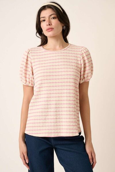 Trendsi Mittoshop Contrast Striped Short Puff Sleeve Knit Top