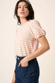 Trendsi Mittoshop Contrast Striped Short Puff Sleeve Knit Top