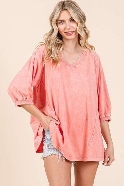 Trendsi Mittoshop Mineral Wash V-Neck Raglan A-Line Relaxed Top