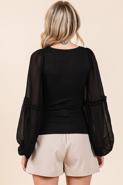 Trendsi Mittoshop Mixed Media Textured Knit Chiffon Long Sleeve Top