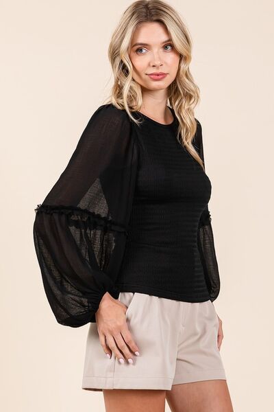 Trendsi Mittoshop Mixed Media Textured Knit Chiffon Long Sleeve Top