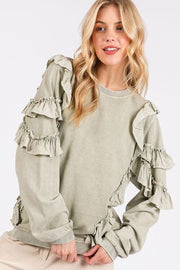 Trendsi Mittoshop Ruffled Mineral Washed Round Neck Long Sleeve Sweatshirt