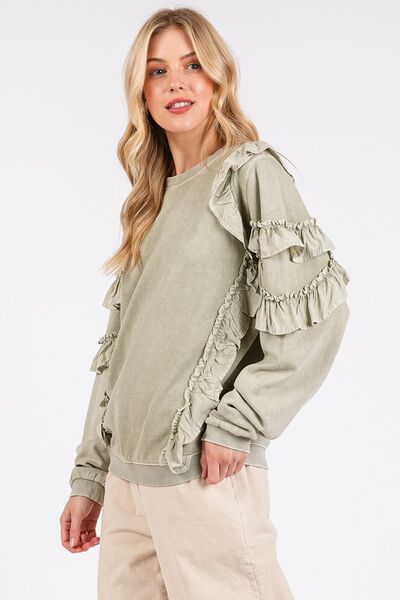 Trendsi Mittoshop Ruffled Mineral Washed Round Neck Long Sleeve Sweatshirt