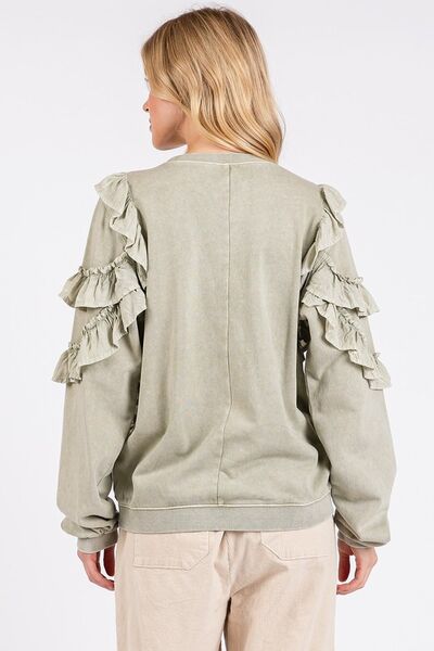 Trendsi Mittoshop Ruffled Mineral Washed Round Neck Long Sleeve Sweatshirt