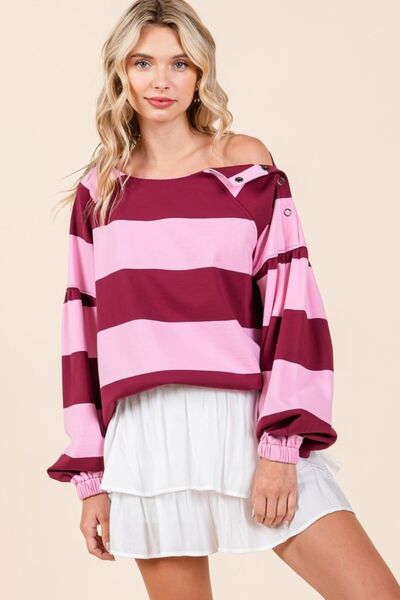 Trendsi Mittoshop Striped Snap Shoulder Long Sleeve T-Shirt