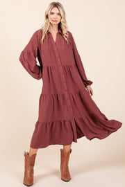 Trendsi Mittoshop Tiered Button Down Long Sleeve Midi Dress