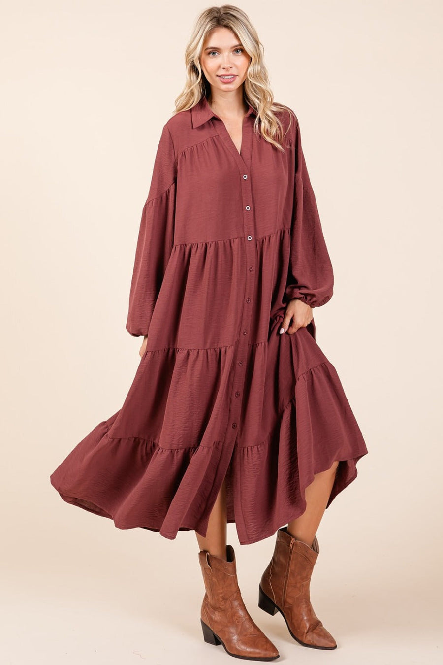 Trendsi Mittoshop Tiered Button Down Long Sleeve Midi Dress