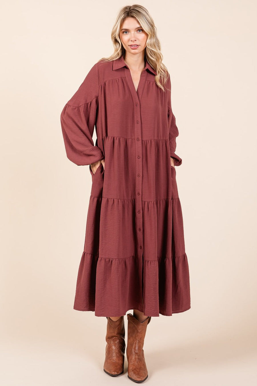 Trendsi Mittoshop Tiered Button Down Long Sleeve Midi Dress