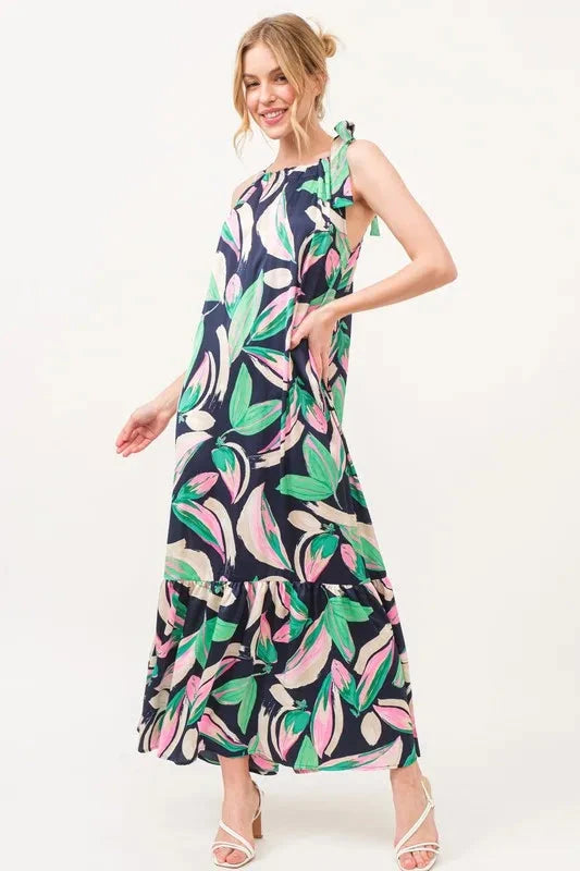 Trendsi NAVY / S And The Why Botanical Printed Halterneck Tiered Maxi Dress
