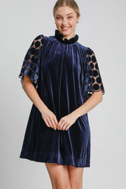 Trendsi Navy / S Umgee Dotted Lace Half Sleeve Mock Neck Back Tie Velvet Dress