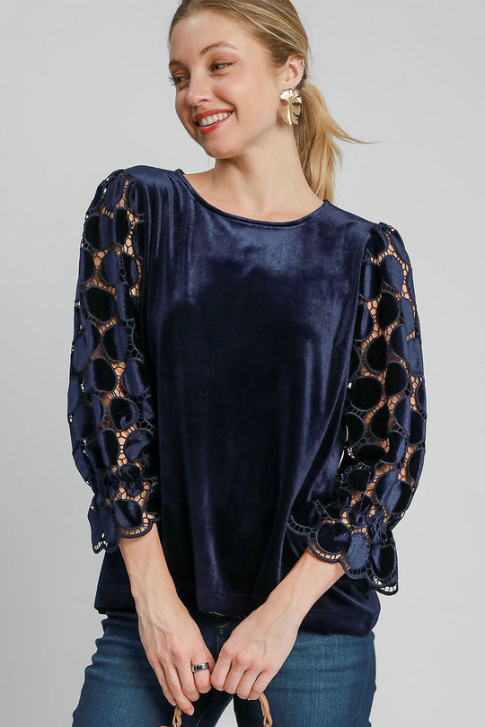 Trendsi Navy / S Umgee Polka Dot Lace Long Sleeve Round Neck Blouse