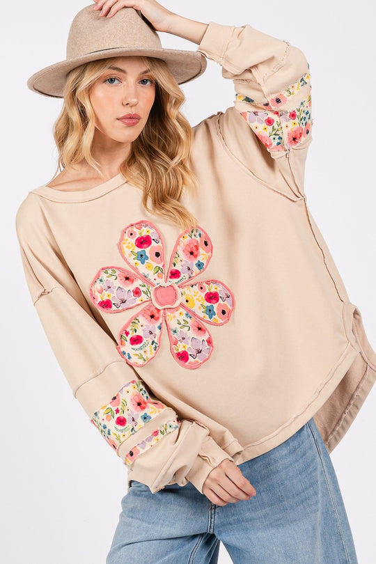 Trendsi Oatmeal / S SAGE + FIG Daisy Patch Applique Long Sleeve Sweatshirt