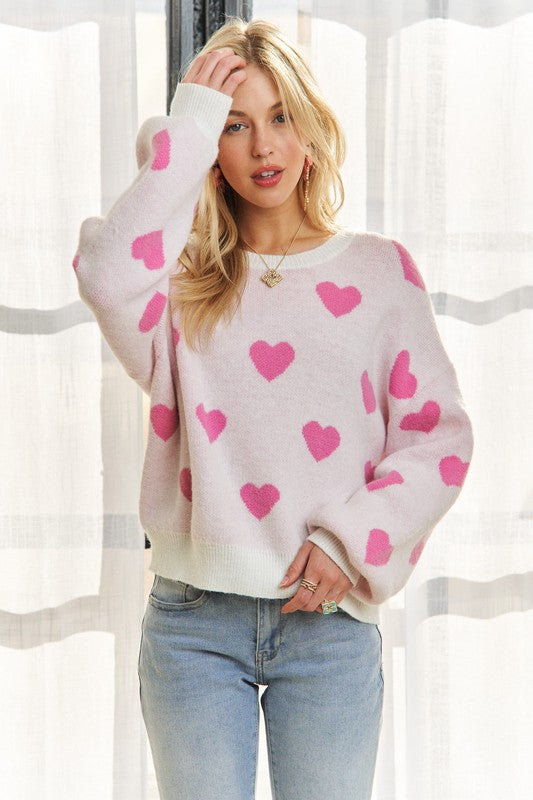 Trendsi OFF WHITE/PINK / S ADORA Heart Round Neck Drop Shoulder Sweater