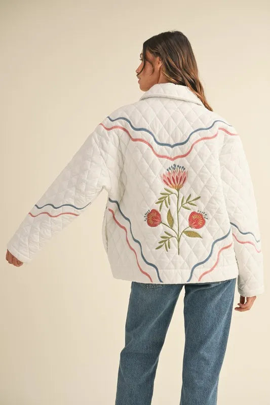 Trendsi Off White / S MABLE Floral Multi Color Embroidered Quilted Jacket