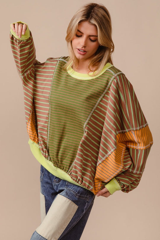 Trendsi Olive/Latte / S BiBi Color Block Striped Round Neck Sweatshirt