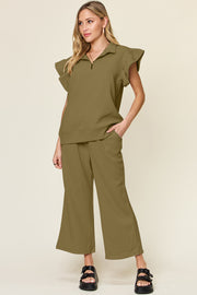 Trendsi Outfit Sets Olive / S Double Take Texture Ruffle Short Sleeve Top and Drawstring Wide Leg Pants Set