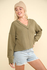 Trendsi Olive / S VERY J Exposed Seam V-Neck Ribbed Knit Top