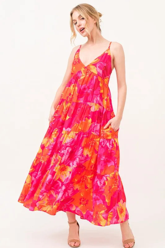 Trendsi ORANGE MULTI / S And The Why Floral Tiered Maxi Cami Dress with Pockets