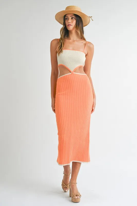 Trendsi Orange / S MABLE Ribbed Knit Color Block Cutout Midi Dress