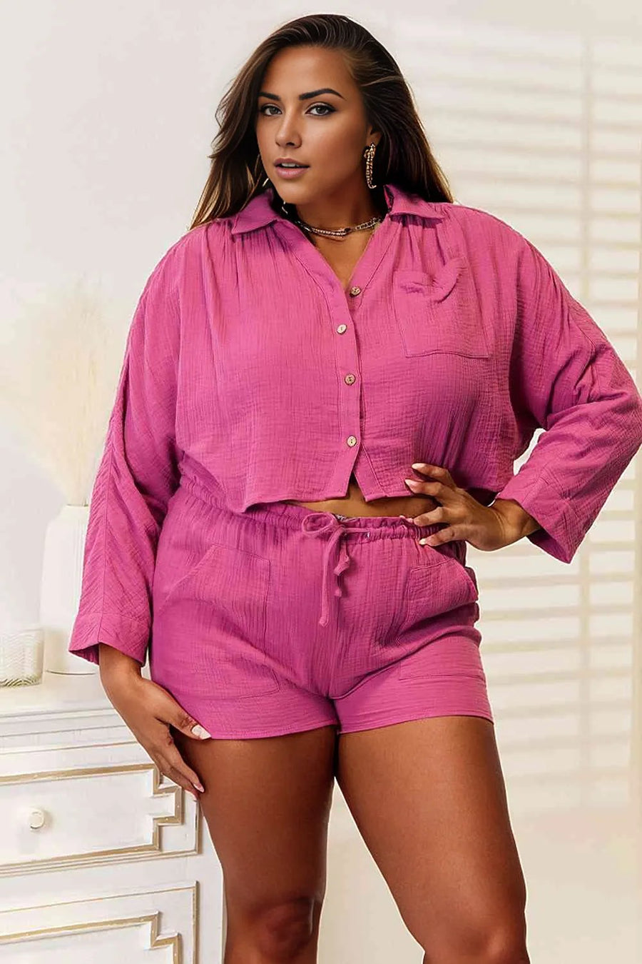 Basic Bae Buttoned Long Sleeve Top and Shorts Set