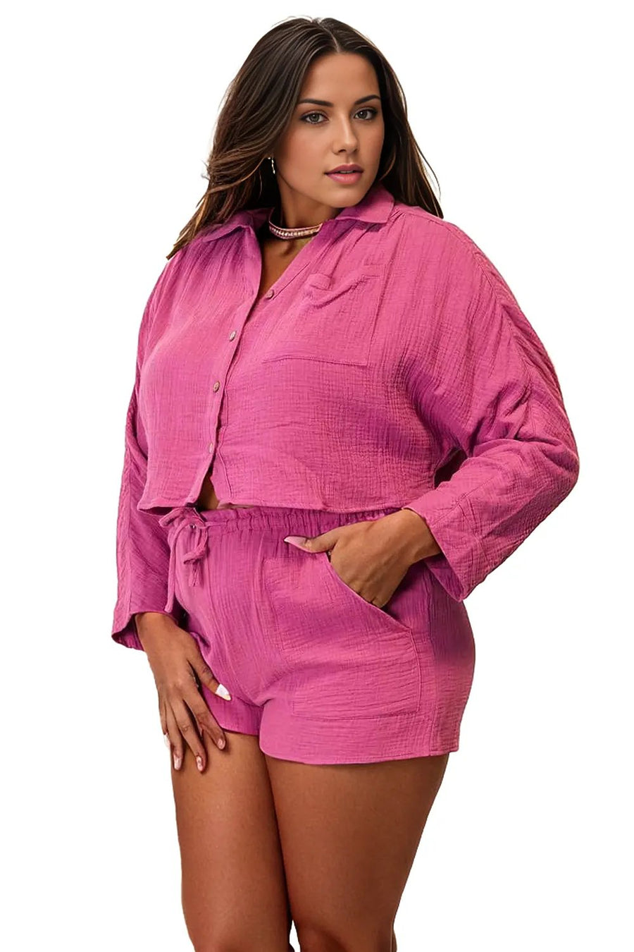 Basic Bae Buttoned Long Sleeve Top and Shorts Set