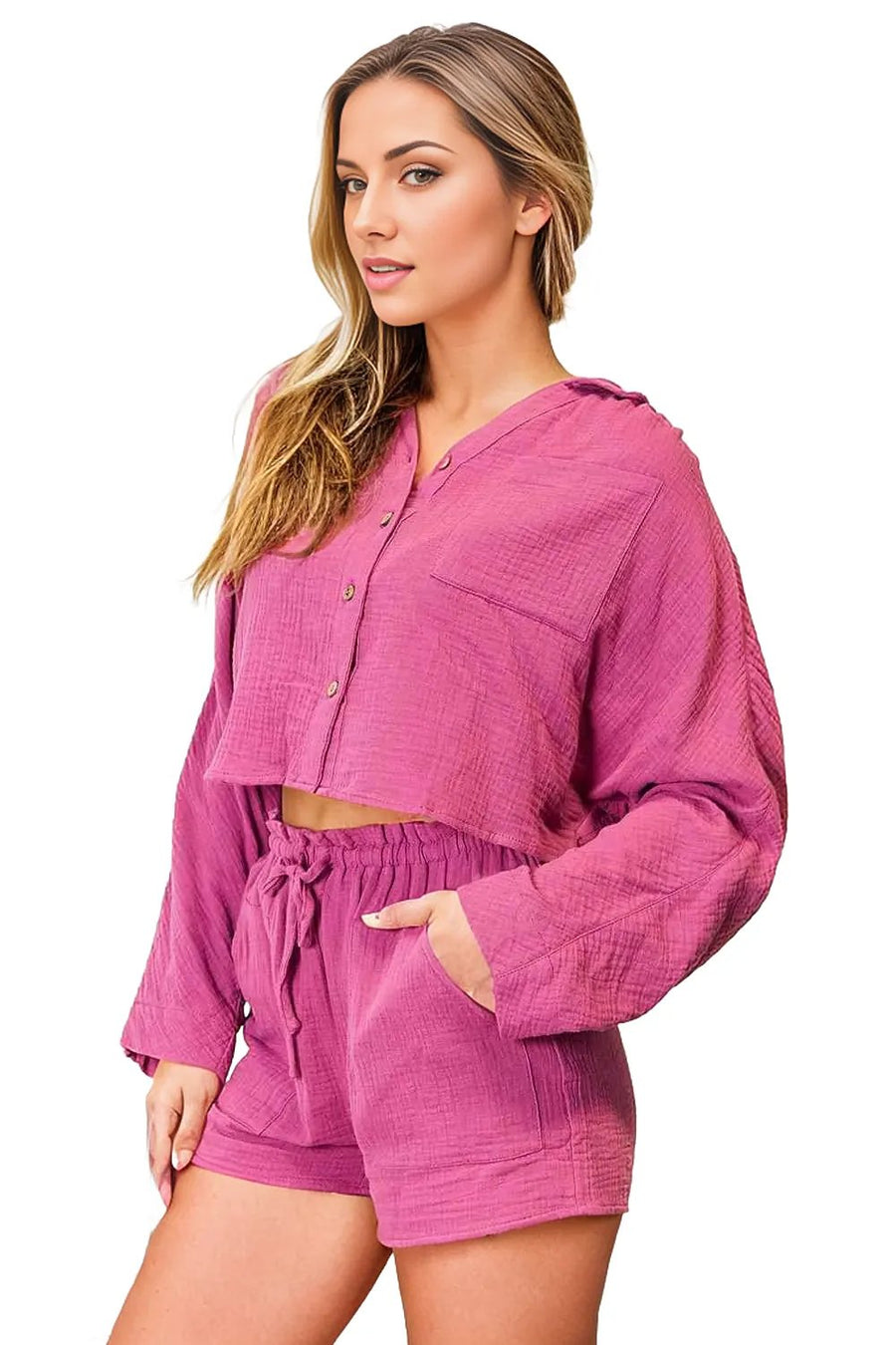 Basic Bae Buttoned Long Sleeve Top and Shorts Set