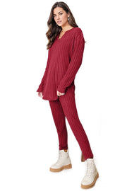 Trendsi Outfit Sets Basic Bae Full Size Notched Long Sleeve Top and Pants Set