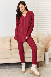 Trendsi Outfit Sets Basic Bae Full Size Notched Long Sleeve Top and Pants Set