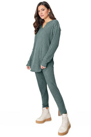 Trendsi Outfit Sets Basic Bae Full Size Notched Long Sleeve Top and Pants Set