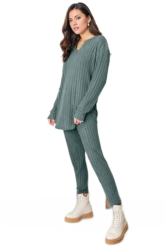 Basic Bae Full Size Notched Long Sleeve Top and Pants Set