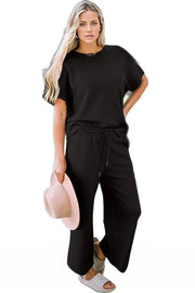 Outfit Sets Black / S Althea Set with Texture Short Sleeve Top and Pants Set