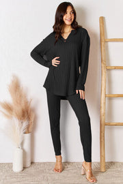 Trendsi Outfit Sets Black / S Basic Bae Full Size Notched Long Sleeve Top and Pants Set