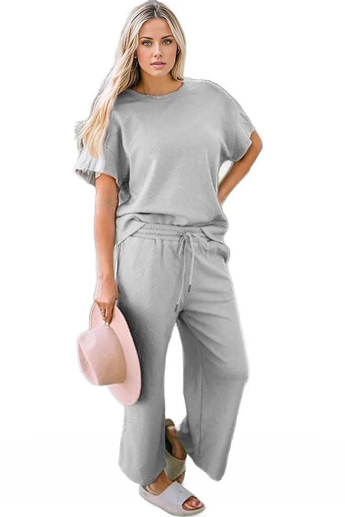 Outfit Sets Cloudy Blue / S Althea Set with Texture Short Sleeve Top and Pants Set