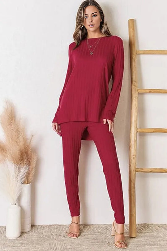 Outfit Sets Deep Red / S Ribbed Round Neck High-Low Slit Top and Pants Set
