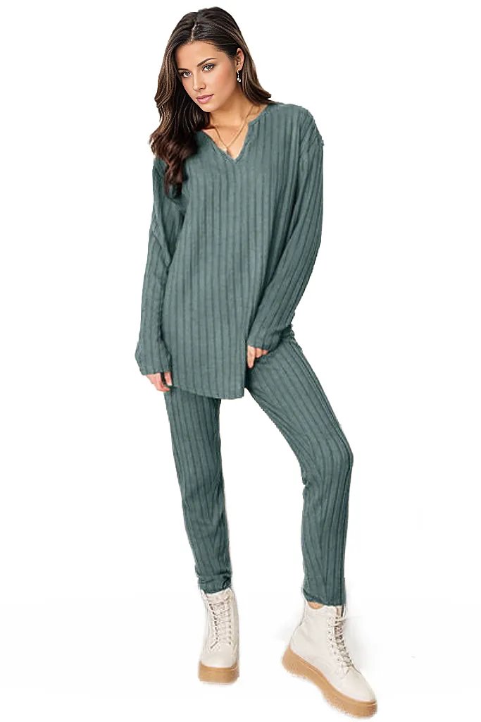 Basic Bae Full Size Notched Long Sleeve Top and Pants Set