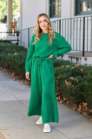 Outfit Sets Mid Green / S Double Take Full Size Textured Long Sleeve Top and Drawstring Pants Set