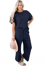 Trendsi Outfit Sets Navy / S Althea Set with Texture Short Sleeve Top and Pants Set