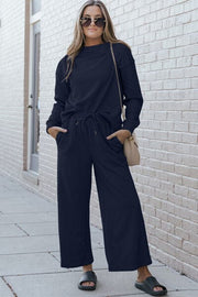 Outfit Sets Navy / S Double Take Full Size Textured Long Sleeve Top and Drawstring Pants Set