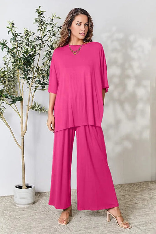 Round Neck Slit Top and Pants Set