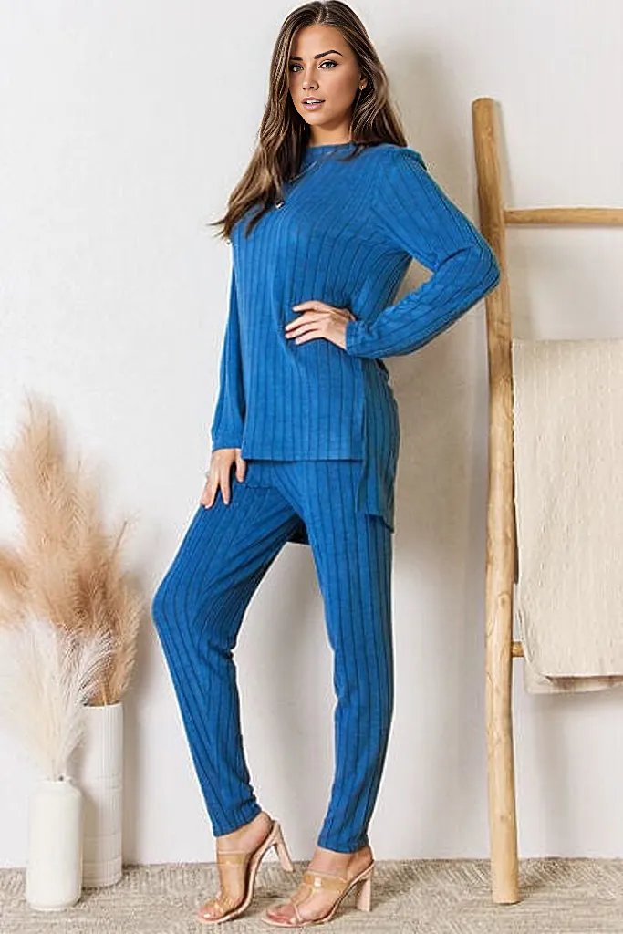 Outfit Sets Royal  Blue / S Basic Bae Full Size Ribbed Round Neck High-Low Slit Top and Pants Set
