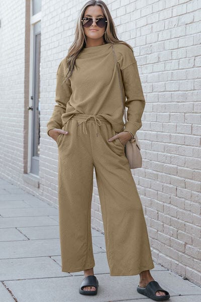 Outfit Sets Tan / S Double Take Full Size Textured Long Sleeve Top and Drawstring Pants Set