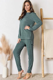 Outfit Sets Teal / S Basic Bae Full Size Ribbed Round Neck High-Low Slit Top and Pants Set