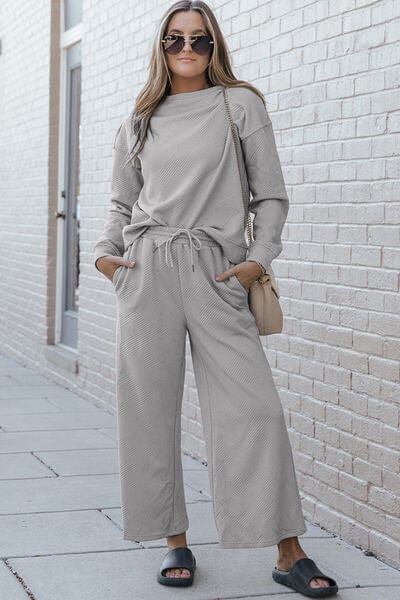 Outfit Sets Light Gray / S Double Take Full Size Textured Long Sleeve Top and Drawstring Pants Set