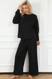 Outfit Sets Double Take Full Size Textured Long Sleeve Top and Drawstring Pants Set